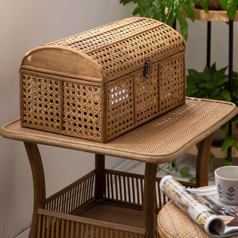 HANDMADE Rattan Style Storage Basket with Lid Makeup Organizer Box Multifunctional Snack Container Desktop Cosmetic Holder Home Organizer