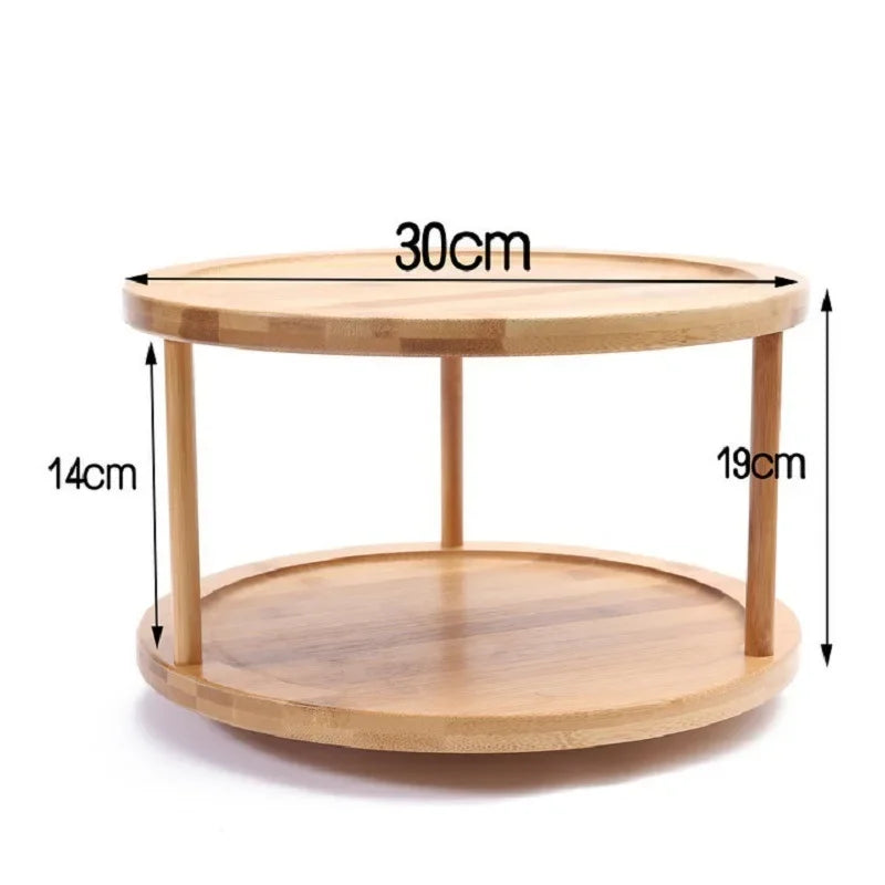 HANDMADE Bamboo turntable spice rack 2-layer bamboo kitchen counter top cabinet, rotary condiment storage box, cosmetics shelf