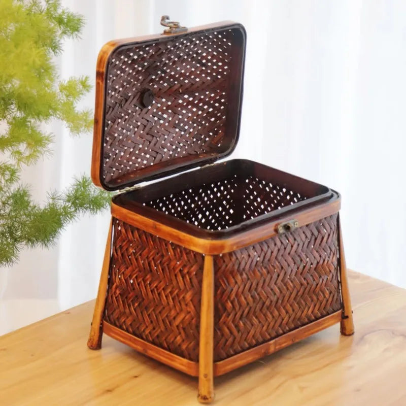 Handmade Bamboo CHEST Storage Box Natural Bamboo Basket Multipurpose Gift Container Durable Wicker Organizer for Tea Storage