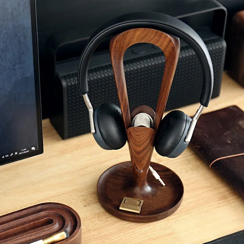 HANDMADE Black Walnut Wood Headphone Stand Walnut Headphone Holder with Winder Solid Wood Custom Earphone Hanger Headset Bracket Storage