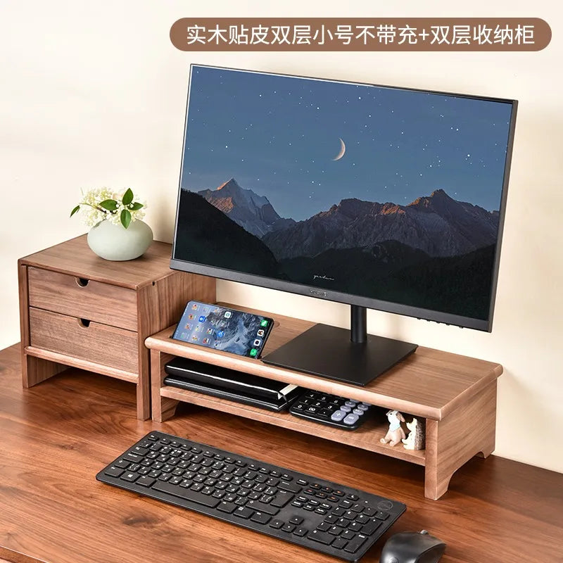 HANDMADE OAK WOOD SCREEN HOLDER WITH CHARGERS Desktop Monitor Riser Office Computer Stand with USB Extension Solid Wood Drawer Organizer Space-Saving Storage Frame for Desk