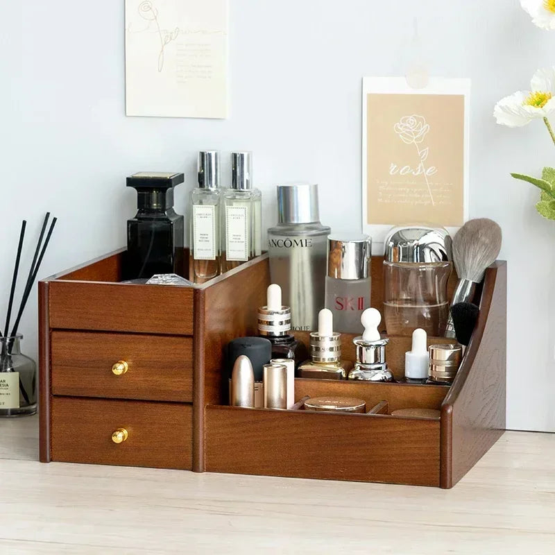 HANDMADE WOOK MAKEUP SOTRAGE ORGANIZER Clear Wood Texture Makeup Organizer Large Capacity Drawer Box Luxury Storage for Lipstick Mask and Skincare