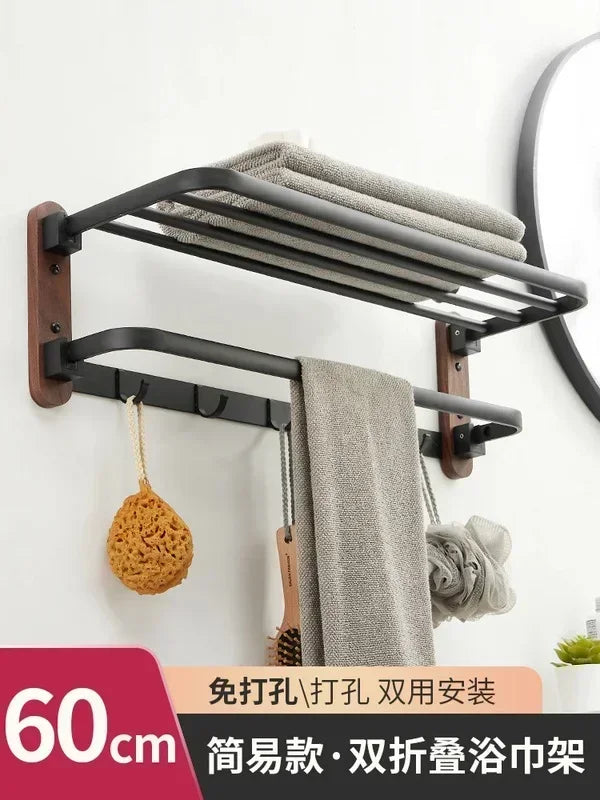 handmade Walnut Wood Towel Holder Non Punching Rack Waterproof Moisture-proof Bathroom Storager Foldable Shelves High Load-bearing Hanger