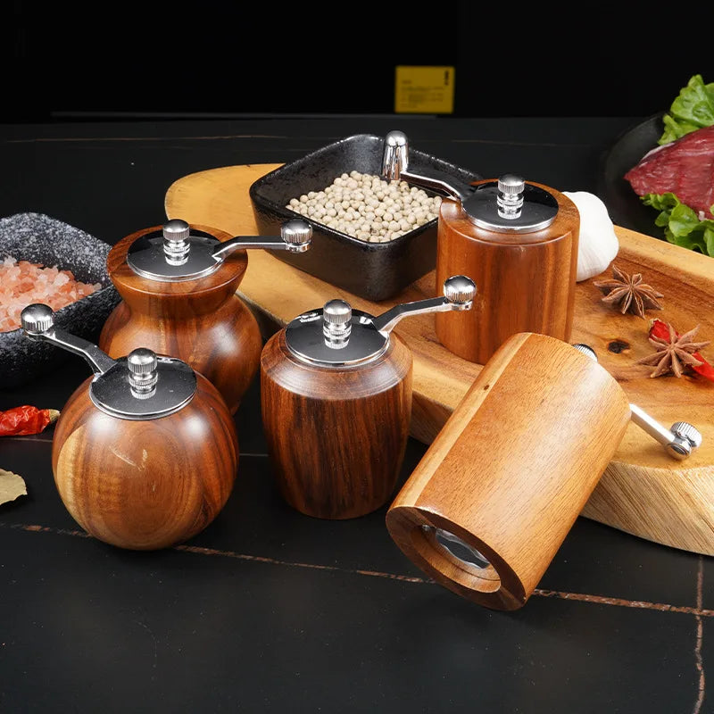 HANDMADE ACACIA WOOD Hand-crank Pepper Grinder,Ceramic Core,Vase/Wine Jar/Sphere Style Spice Pepper Mill,Multi-purpose Salt Shakers,Wooden,BBQ Mill
