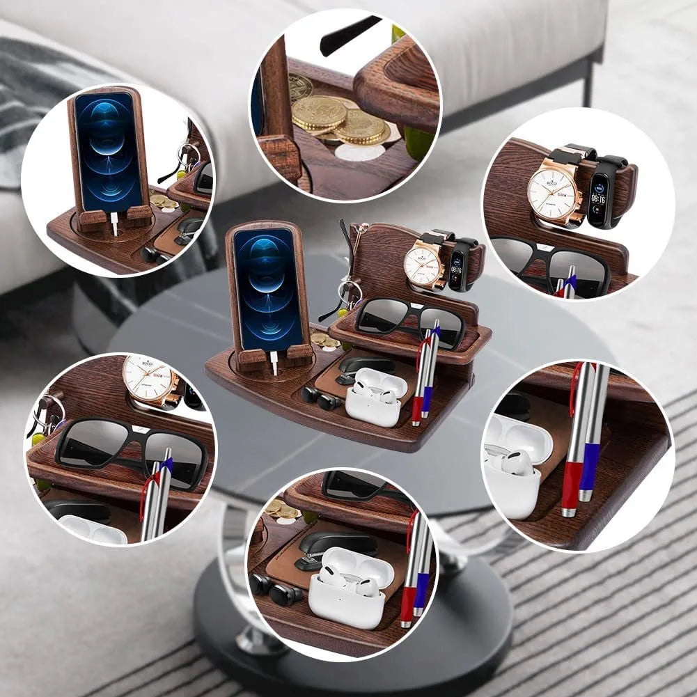 HANDMADE Wooden Standing Type Multi-Tier Tableware Holder Desktop Storage Rack with Charging Function