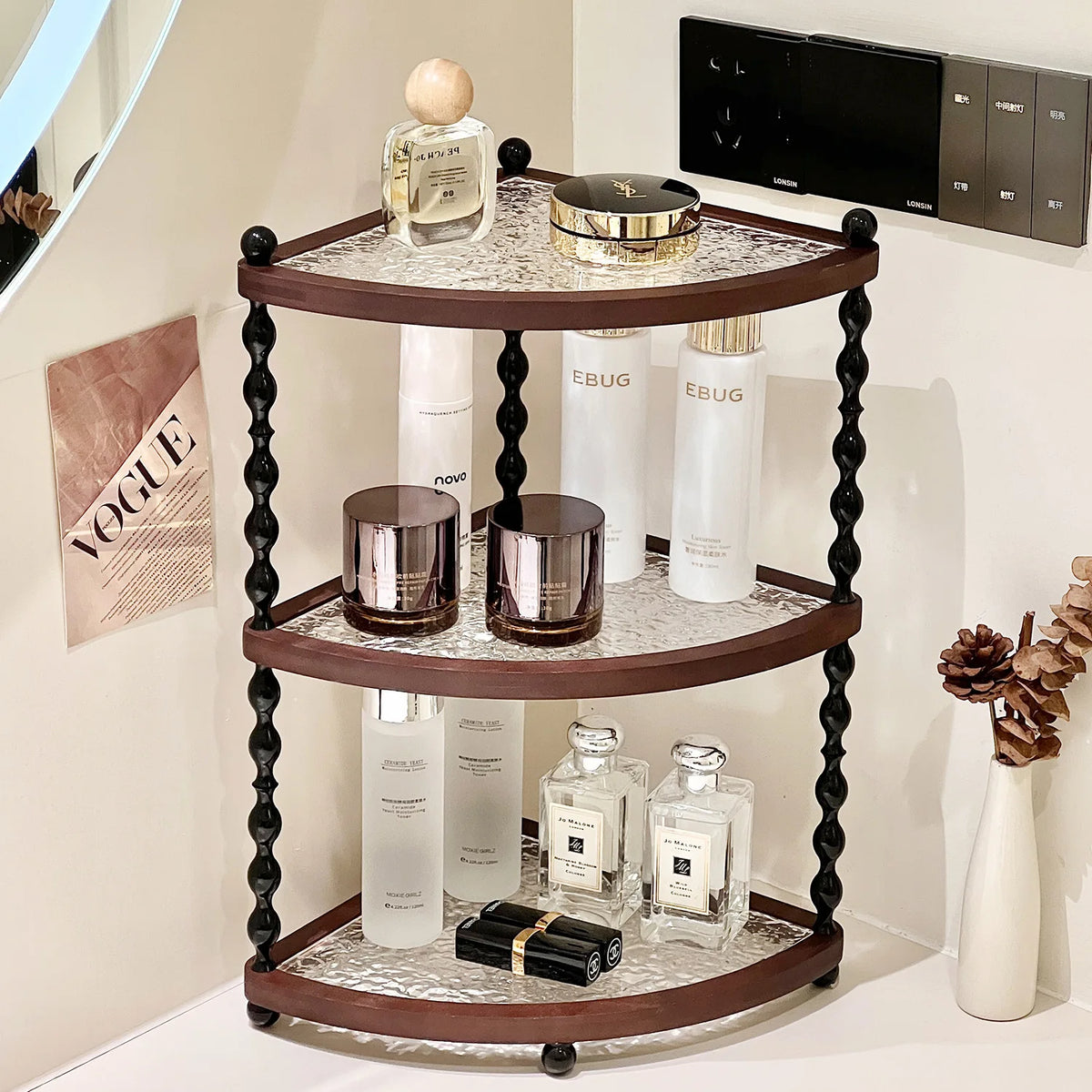 Stylish Wooden Desktop Organizer Shelf – Three-Layer Home Decor Storage Stand for Bedroom, Foyer & Bathroom