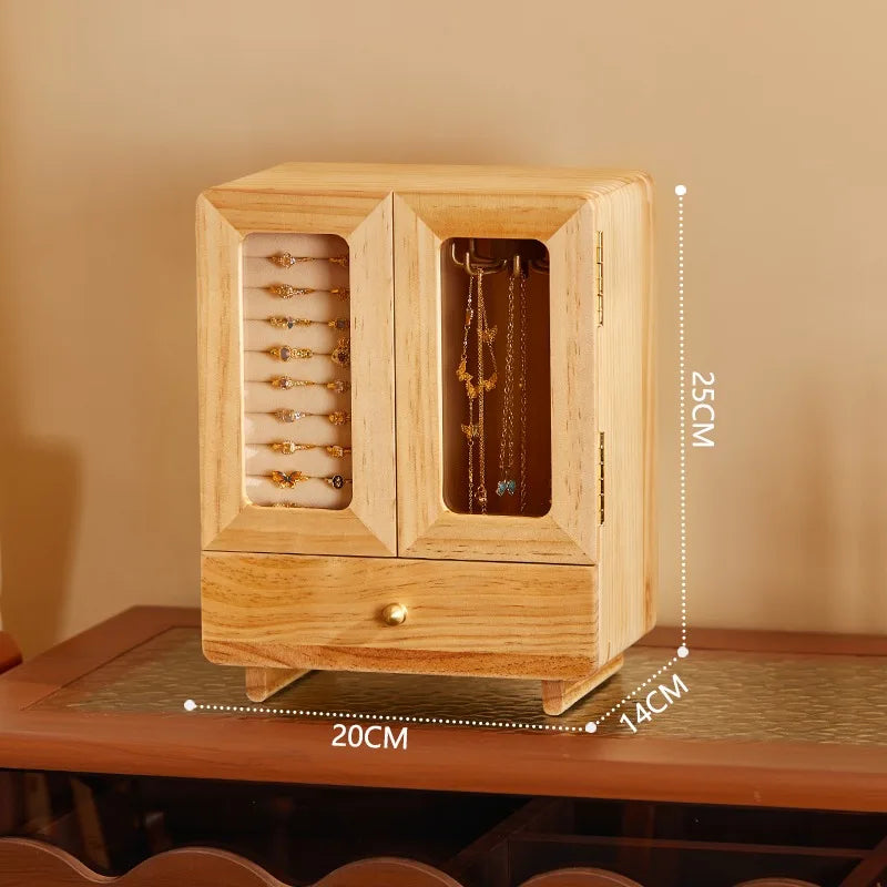 DUPLI HANDMADE Solid Wood Jewelry Box Transparent Glass Retro Showcase Boxes Necklace Earring Bracelet Storage Case Display Organizer Supplies