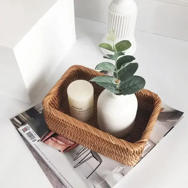 handmade Handwoven Rectangular Rattan Wicker Basket Fruit Tea Snack Bread Picnic Cosmetic Storage Box Kitchen Supplies Household Tools