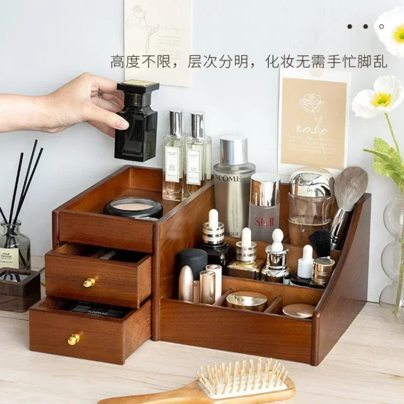 HANDMADE WOOK MAKEUP SOTRAGE ORGANIZER Clear Wood Texture Makeup Organizer Large Capacity Drawer Box Luxury Storage for Lipstick Mask and Skincare