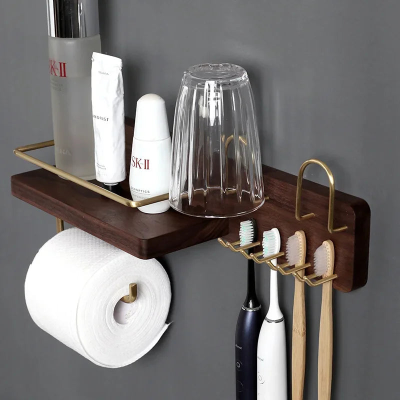 HANDMADE BATHROOM STORAGE WALL Black Walnut Electric Toothbrush Holder Multi Functional Wall-Mounted Gargle Cup and Paper Towel Storage Rack for Bathroom