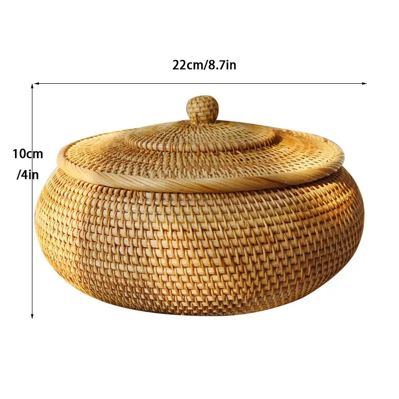 handmade rattan basket storage New Hand-woven Basket Primary Colours Simple Retro Rattan Storage Boxes with Lids Jewelry Tea Set Storage Boxes Household Items