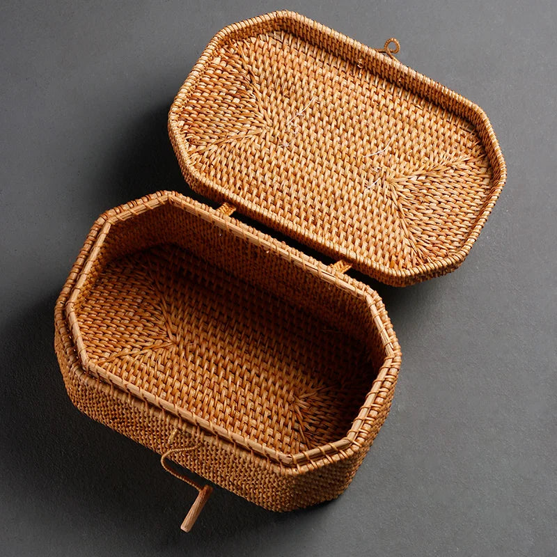 handmade Handwoven Rattan Storage Box with Handle Wicker Ornament Box Tea set Container Picnic Bread Fruit Cake Basket Kitchen Organizer