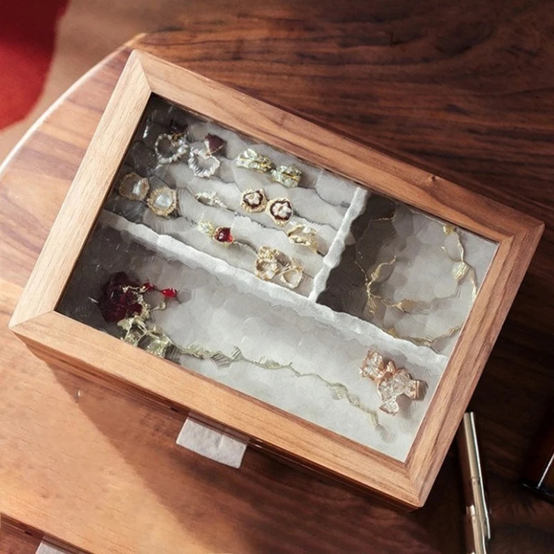 HANDMADE Solid Wood Jewelry Storage Box Large Jewellery Organizer Boxes Transparent Ring Earrings Cases Trinket Pendant Bracelet Case