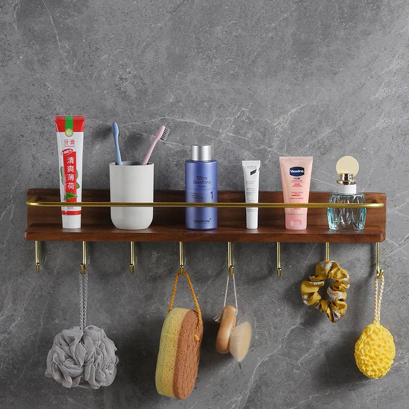 HANDMADE Wooden Bathroom Shelf Wall Bathroom Towel Rack With Hook Aluminum Shower Storage Rack Shampoo Holder Bathroom Accessories