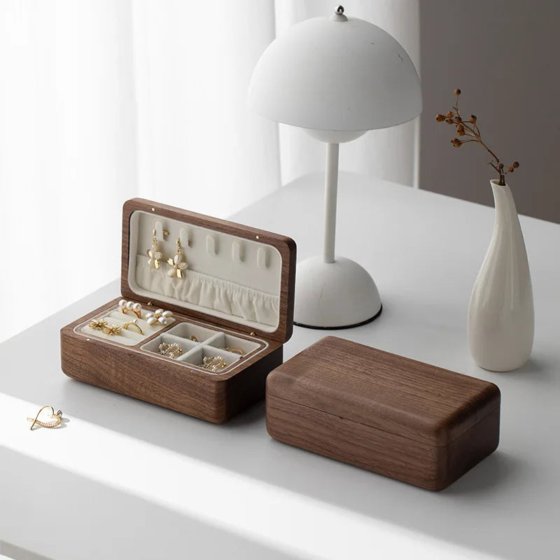 HANDMADE Double Layer Jewelry Box Wooden Cases Necklace Bracelets Earrings Storage Organizer Wedding Gift Black Walnut Wood Jewelry Boxes