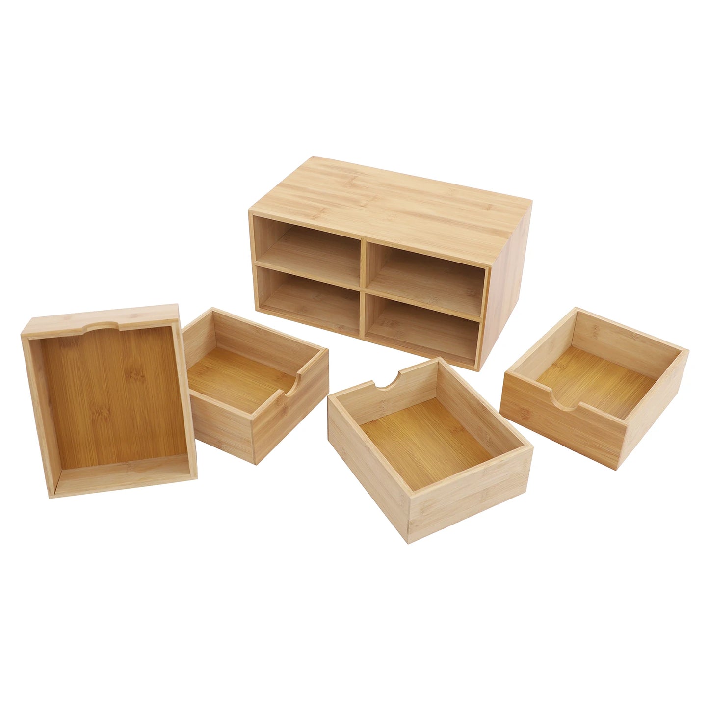 HANDMADE Bamboo 4-Drawer Desktop Organizer, 12.99x7.48in Wood Office Desk Storage for Makeup, Stationery, Minimalist Home Office Decor