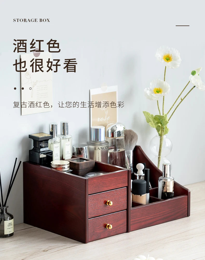 HANDMADE WOOK MAKEUP SOTRAGE ORGANIZER Clear Wood Texture Makeup Organizer Large Capacity Drawer Box Luxury Storage for Lipstick Mask and Skincare