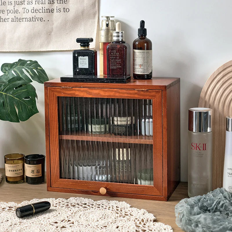 HANDMADE Cosmetic storage cabinet Changhong glass small cabinet clamshell cabinet door solid wood desktop retro European double-layer sto