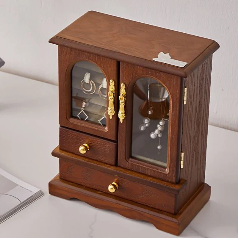 HANDMADE Retro Wooden Jewelry Storage Box High-end Earrings Necklaces Rings Storage Holder Rack Dustproof Cabinet Desktop Showcase