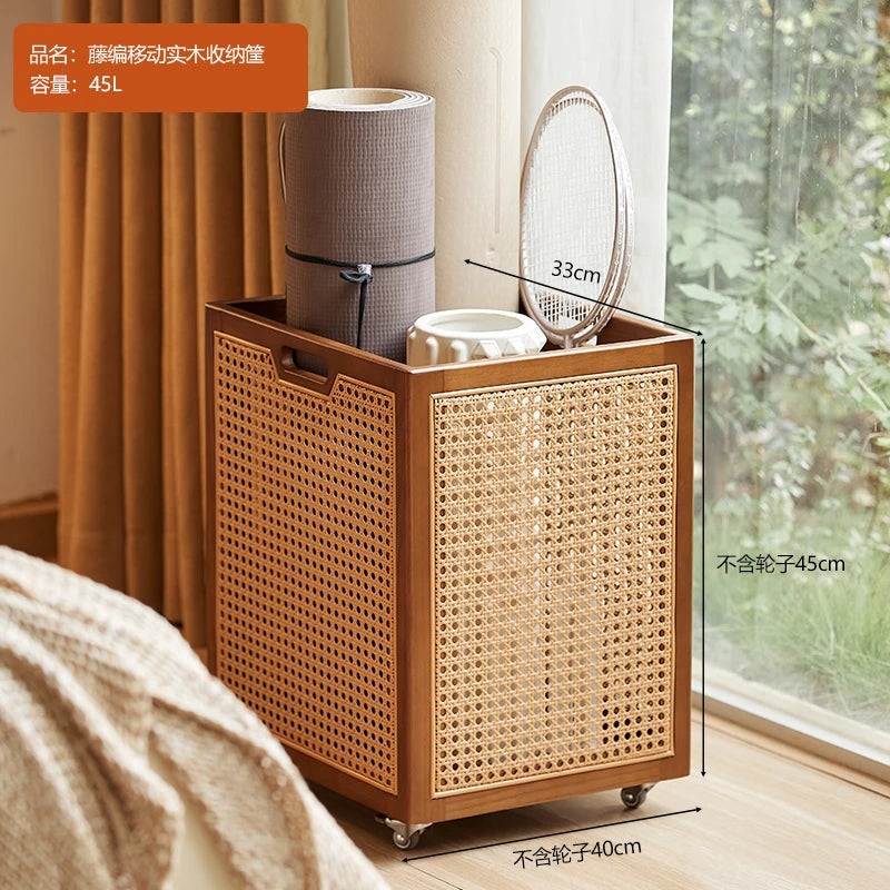HANDMADE RATTAN BAMBOO BASKET SSTORAGE Rattan Weave Dirty Clothes Basket with Pulley Multi-Functional Gym Equipment Rack for Home Workout Space Yoga Mat Storage Basket