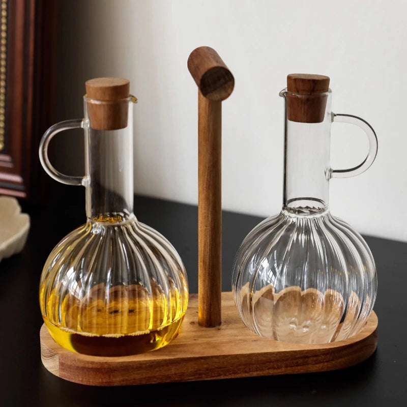 HANDMADE Glass Oil Pan Kitchen Household Wooden Lidseasoning Bottle Storage Rack High-temperatureresistant Storagetanksoysauce Bottle Set