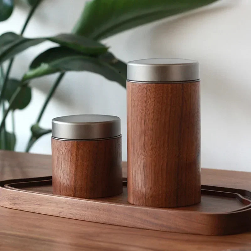 HADNMADE  Black Walnut Wood Tea Can – Premium Mini Tea Bin Aluminum Lid Sealed Storage Vintage Leaf Holder