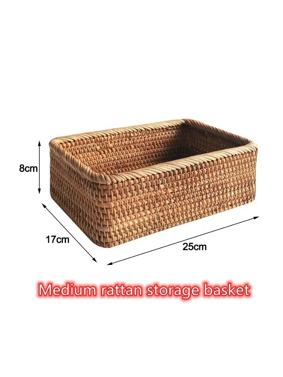 handmade Handwoven Rectangular Rattan Wicker Basket Fruit Tea Snack Bread Picnic Cosmetic Storage Box Kitchen Supplies Household Tools