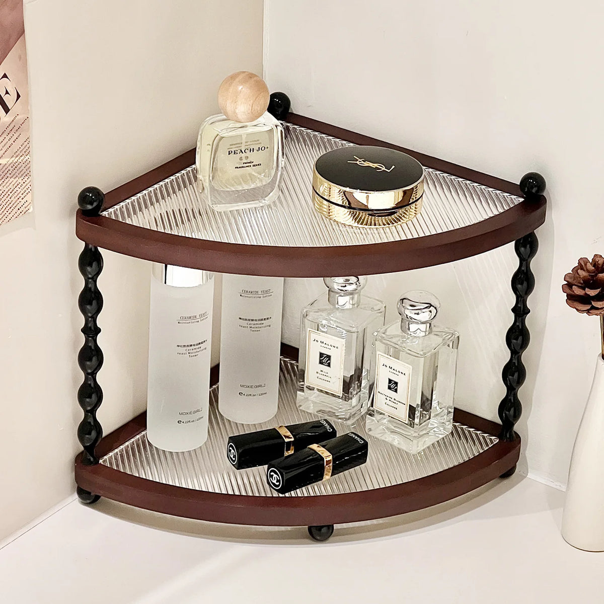 Stylish Wooden Desktop Organizer Shelf – Three-Layer Home Decor Storage Stand for Bedroom, Foyer & Bathroom