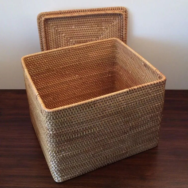 handmade Hand-Woven Rattan Laundry Basket with Cover Large Clothing Sundry Books Primary Color Storage Basket Home Supplies