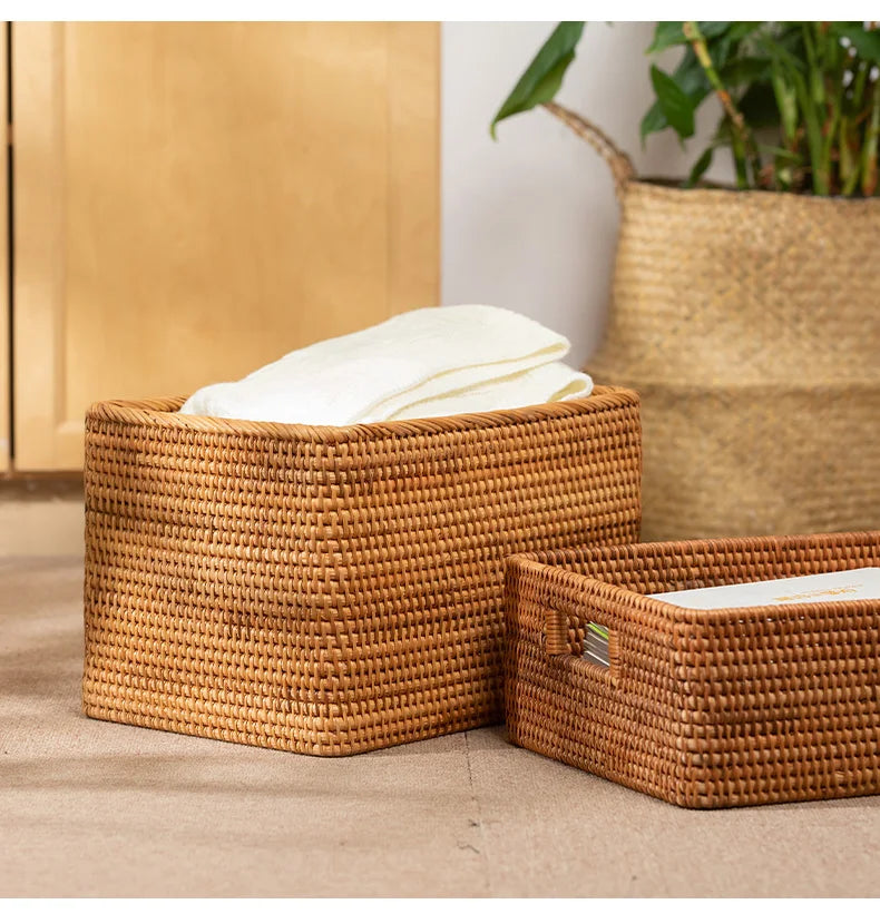 hadnmade Bamboo Woven Basket Box Minimalist Home Rattan Storage Basket Rectangular Woven Sundries Sorting Clothing Storage Box
