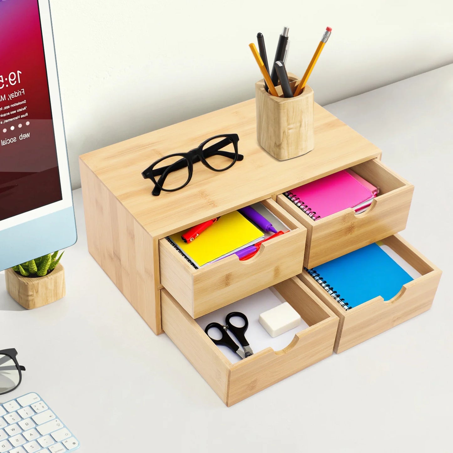 HANDMADE Bamboo 4-Drawer Desktop Organizer, 12.99x7.48in Wood Office Desk Storage for Makeup, Stationery, Minimalist Home Office Decor