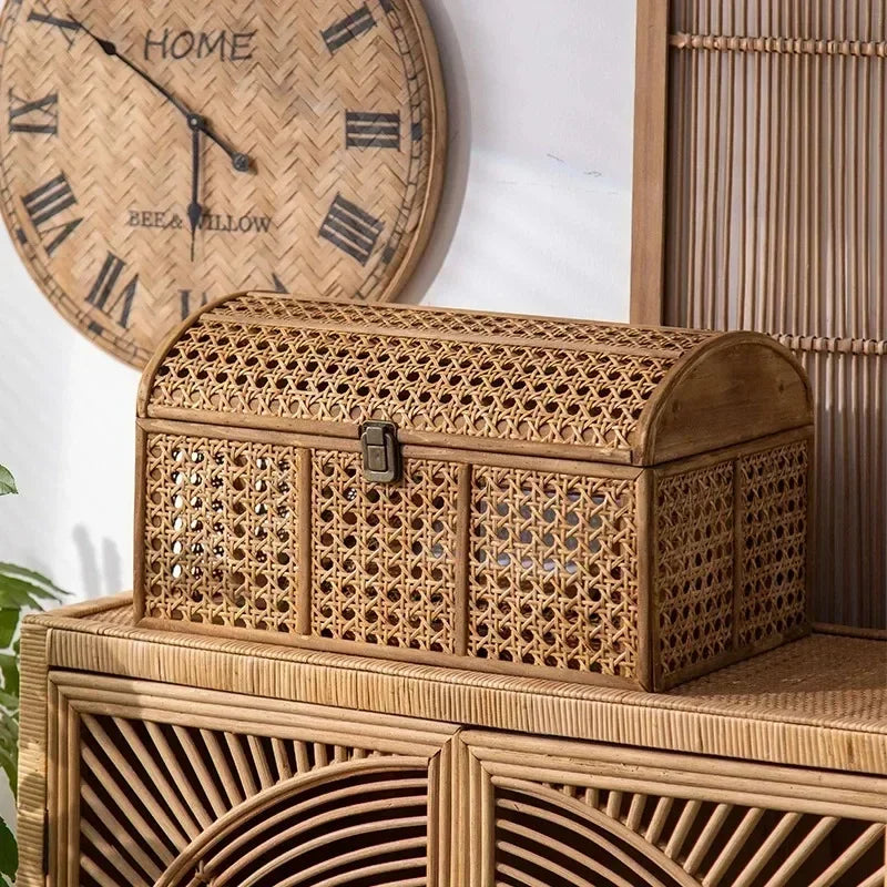 HANDMADE Rattan Style Storage Basket with Lid Makeup Organizer Box Multifunctional Snack Container Desktop Cosmetic Holder Home Organizer
