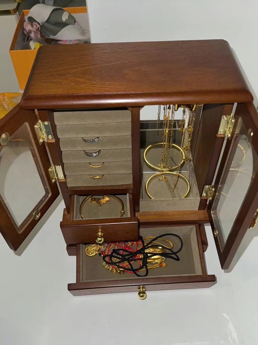 HANDMADE Retro Wooden Jewelry Storage Box High-end Earrings Necklaces Rings Storage Holder Rack Dustproof Cabinet Desktop Showcase