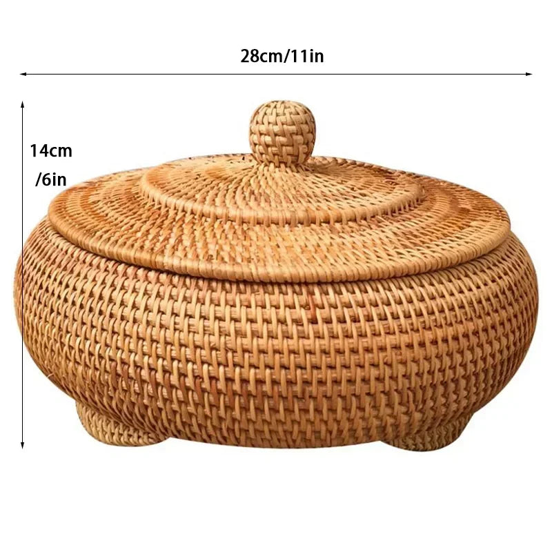 handmade rattan basket storage New Hand-woven Basket Primary Colours Simple Retro Rattan Storage Boxes with Lids Jewelry Tea Set Storage Boxes Household Items