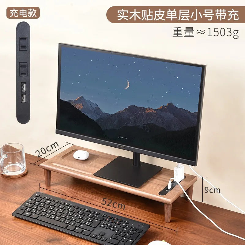 HANDMADE OAK WOOD SCREEN HOLDER WITH CHARGERS Desktop Monitor Riser Office Computer Stand with USB Extension Solid Wood Drawer Organizer Space-Saving Storage Frame for Desk