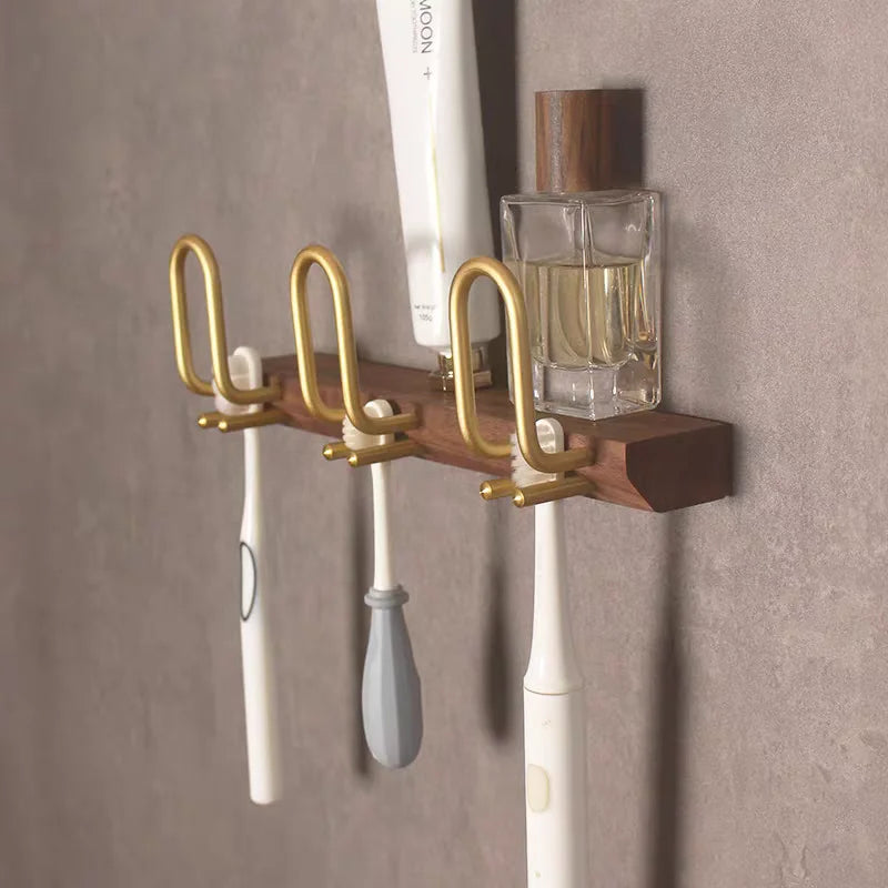 handmade Wood Toothbrush Holder Storage Rack Household Toothbrush Organizer Sticky Wall-mounted Toothpaste Bathroom Accessories Shelf