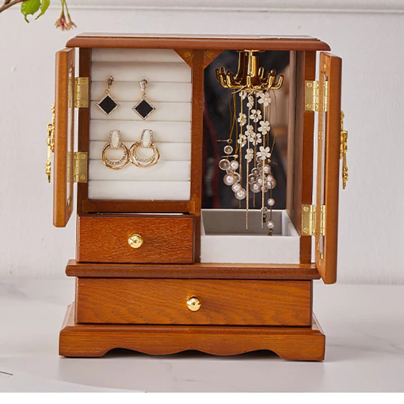 HANDMADE Retro Wooden Jewelry Storage Box High-end Earrings Necklaces Rings Storage Holder Rack Dustproof Cabinet Desktop Showcase