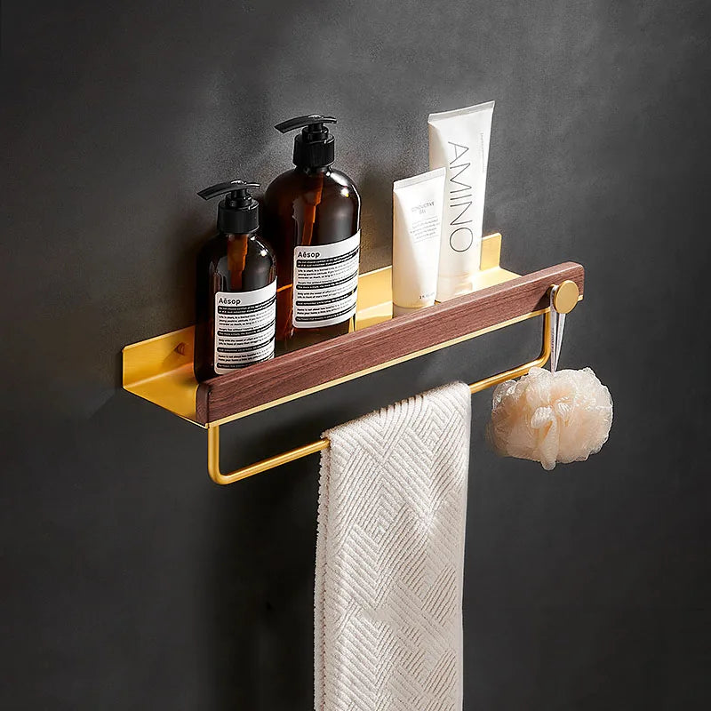 HANDMADE 30-50cm Brushed Gold Bathroom Corner Shelf Wall-mounted Shower Room Toilet Walnut Wood Cosmetic Storage Rack with Hook Rod