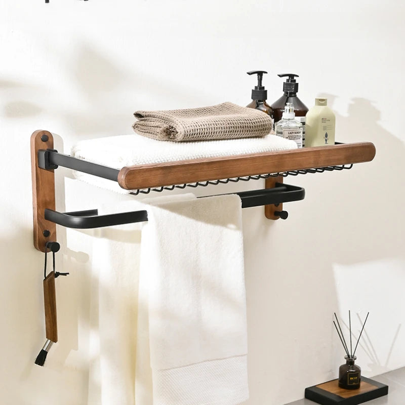 handmade Walnut Wood Towel Holder Non Punching Rack Waterproof Moisture-proof Bathroom Storager Foldable Shelves High Load-bearing Hanger