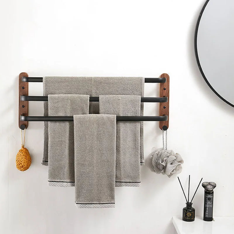 HANDMADE 40cm-60cm Wood Bathroom Towel Rack Black/White Aluminum Towel Holder Wall Hanging Multi Pole Triple Towel Bar With Hook