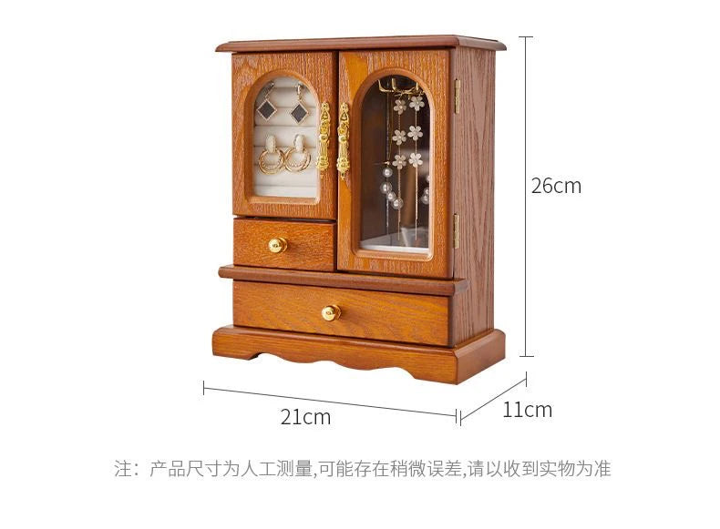 HANDMADE Retro Wooden Jewelry Storage Box High-end Earrings Necklaces Rings Storage Holder Rack Dustproof Cabinet Desktop Showcase