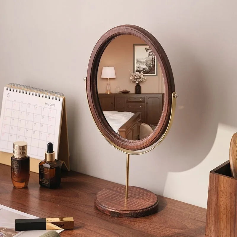 HANDMADE Espejo Decorativo Retro Chinese Style Wooden Vanity Mirror Rotatable Desktop Vanity Mirror Simple Dormitory Desktop Ornament