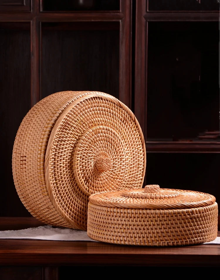 handmade rattan basket storage New Hand-woven Basket Primary Colours Simple Retro Rattan Storage Boxes with Lids Jewelry Tea Set Storage Boxes Household Items