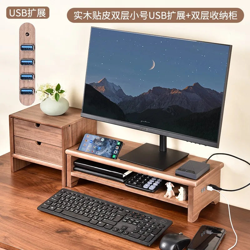 HANDMADE OAK WOOD SCREEN HOLDER WITH CHARGERS Desktop Monitor Riser Office Computer Stand with USB Extension Solid Wood Drawer Organizer Space-Saving Storage Frame for Desk