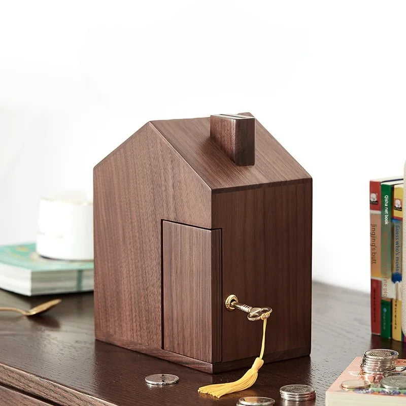 HANDMADE WALNUT MONEY SAVER Wooden Piggy Bank Decorative Money Box Creative Children Piggy Banks Multifunctional Money Saving Boxes with Lock Decoration