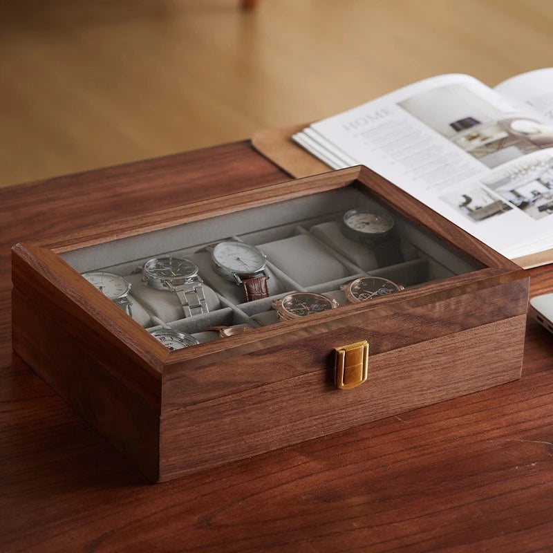 HANDMADE Black Walnut Watch Box Luxury Retro Watches Storage Boxes Man Mechanical Watch Display Case Transparent Skylight Organizer Gift