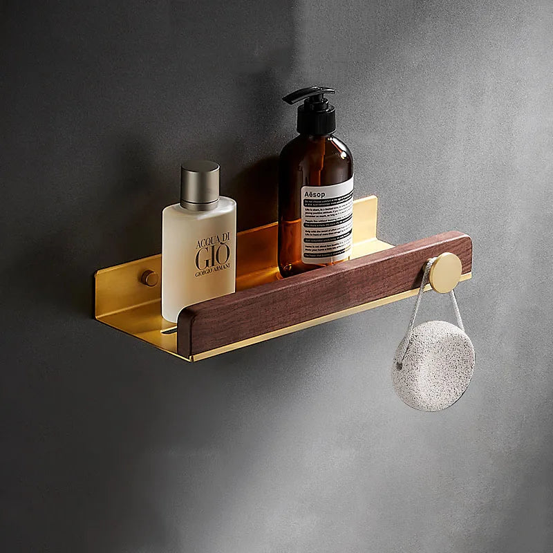 HANDMADE 30-50cm Brushed Gold Bathroom Corner Shelf Wall-mounted Shower Room Toilet Walnut Wood Cosmetic Storage Rack with Hook Rod