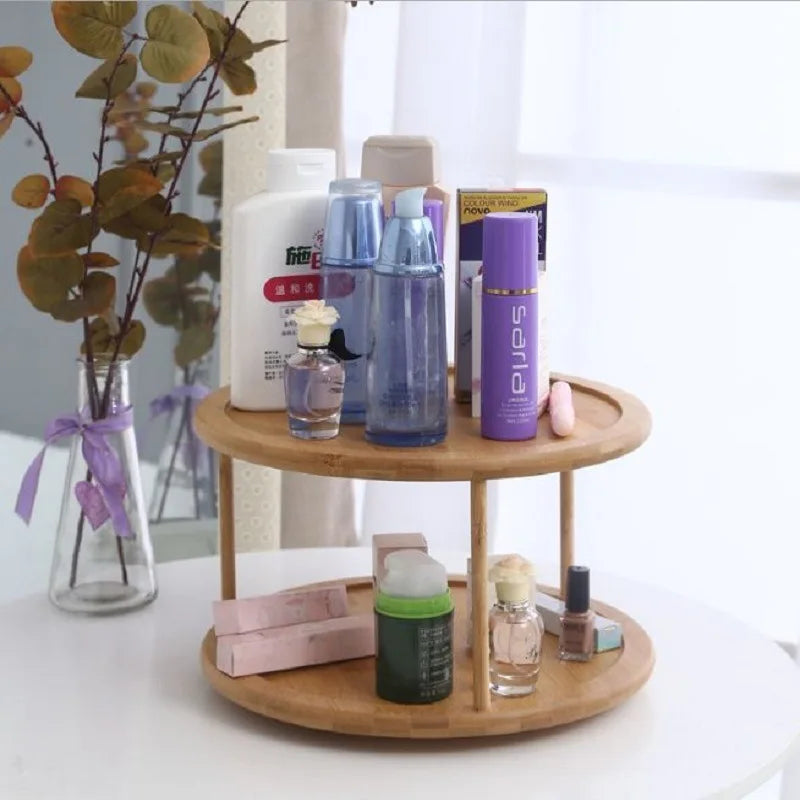 HANDMADE Bamboo turntable spice rack 2-layer bamboo kitchen counter top cabinet, rotary condiment storage box, cosmetics shelf