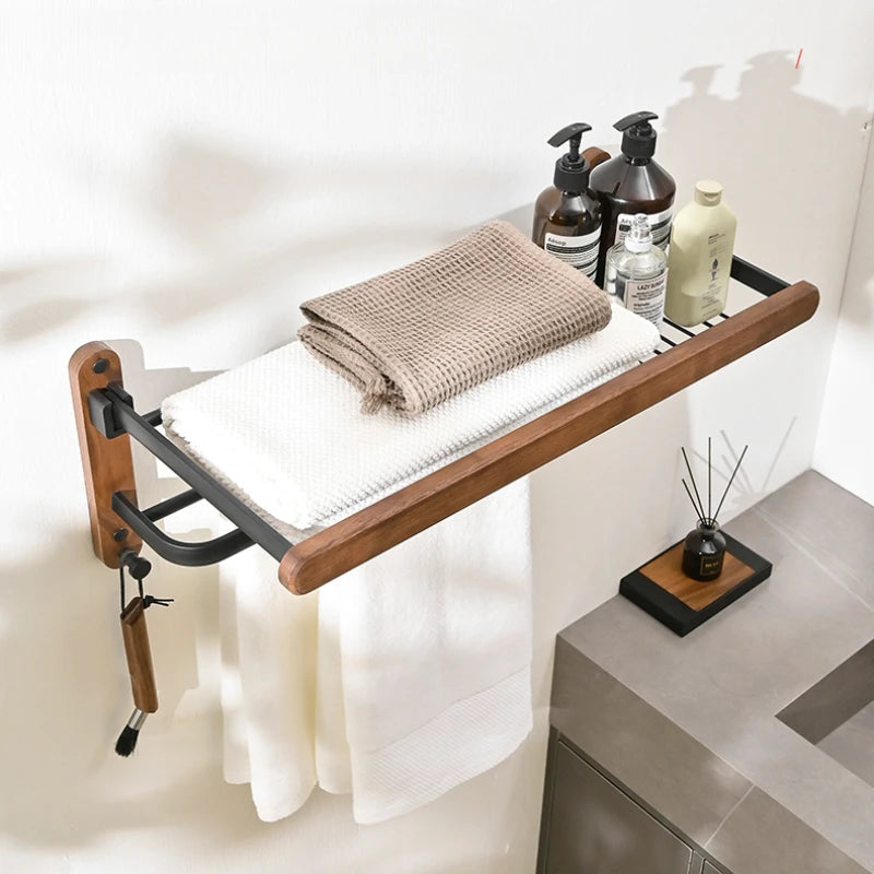 handmade Walnut Wood Towel Holder Non Punching Rack Waterproof Moisture-proof Bathroom Storager Foldable Shelves High Load-bearing Hanger
