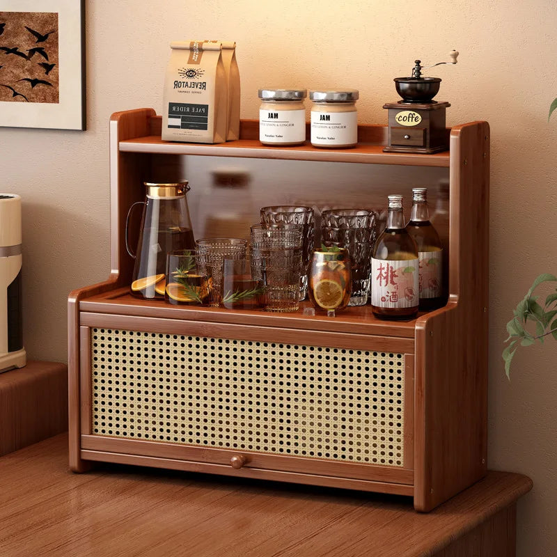 Multifunctional Bamboo Countertop Organizer Rack with Dustproof Door | Kitchen & Bathroom Storage Shelf